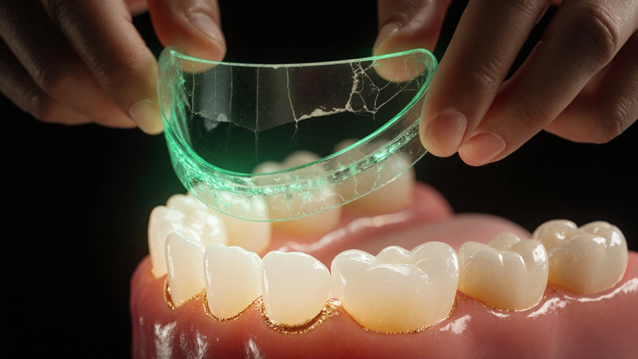 Rukou ukládaný retainer na zubní model s obnovou skloviny světelným štítem.