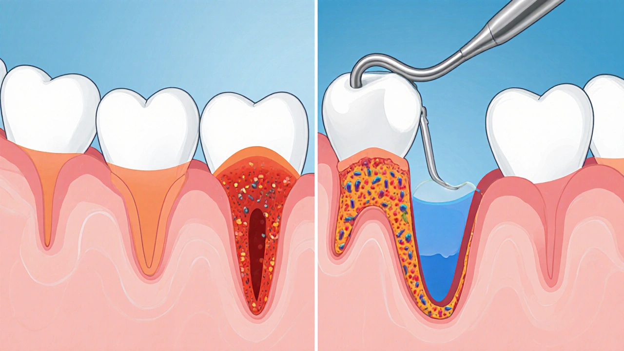 Split image showing infected gum pockets being cleaned and restored to health.