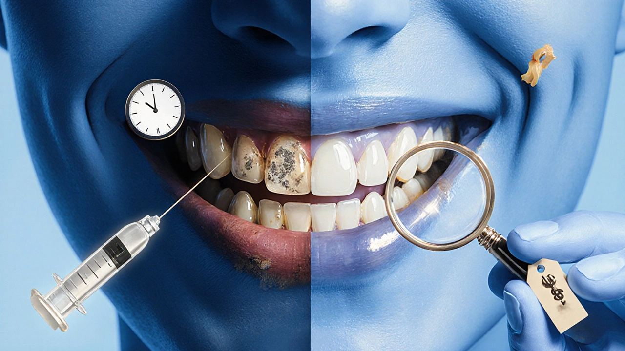 Split smile showing a stained, old filling versus a pristine, natural-looking composite restoration.