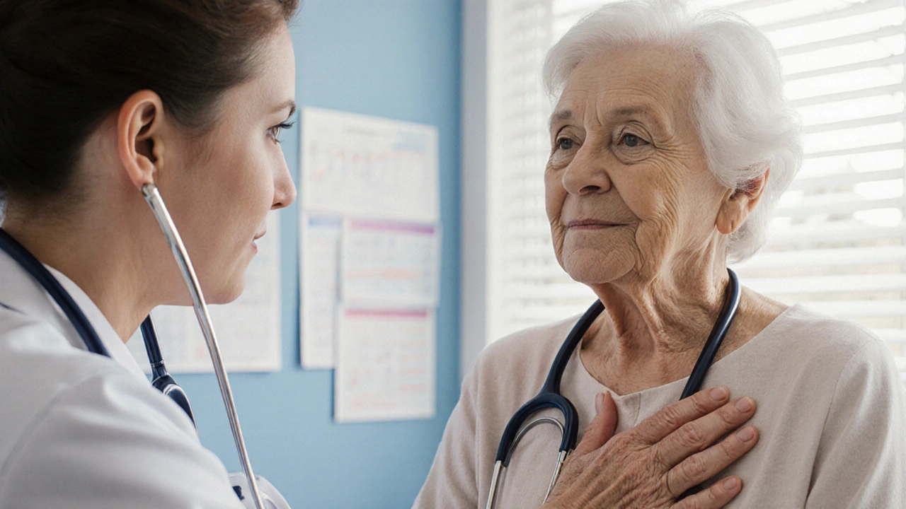 Stará žena dostává vyšetření od lékaře v klinice, pokojný a starostlivý obraz.