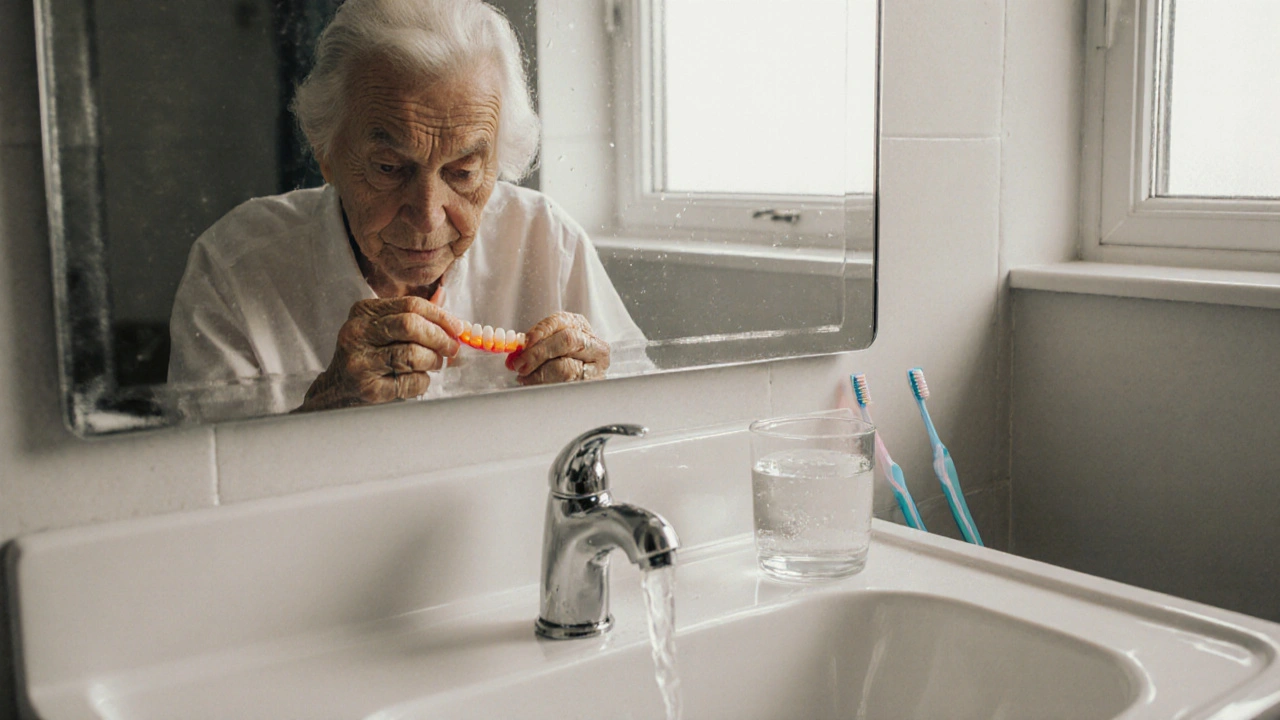 Starý pacient čistí protézu ve vaně s mírným světlem z okna