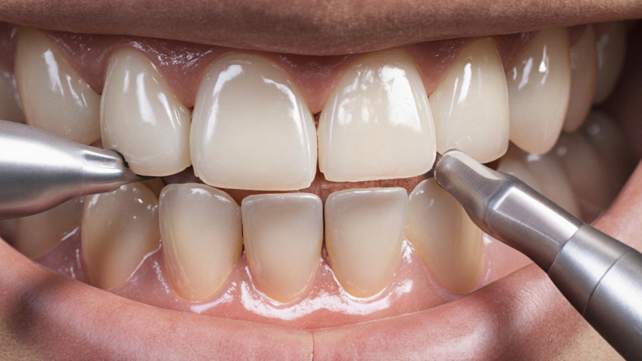 Tenké keramické fazety přilepené na zuby s detailním zobrazením odstraněné skloviny.