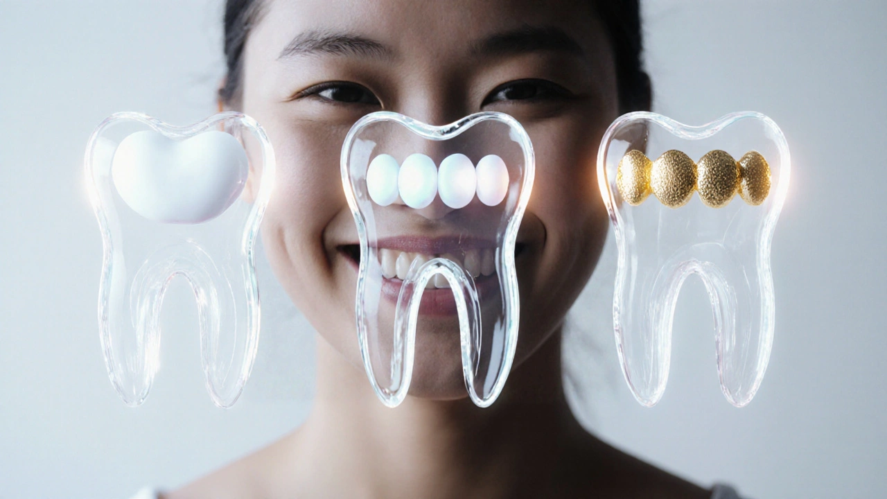 Tři transparentní přední zuby reprezentující různé možnosti opravy s různou životností.