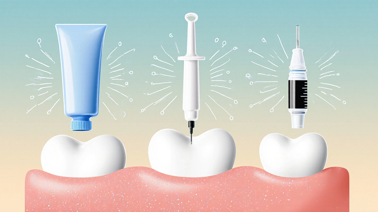 Tři typy zubních cementů: skloionomer, rezína a hybridní cement.