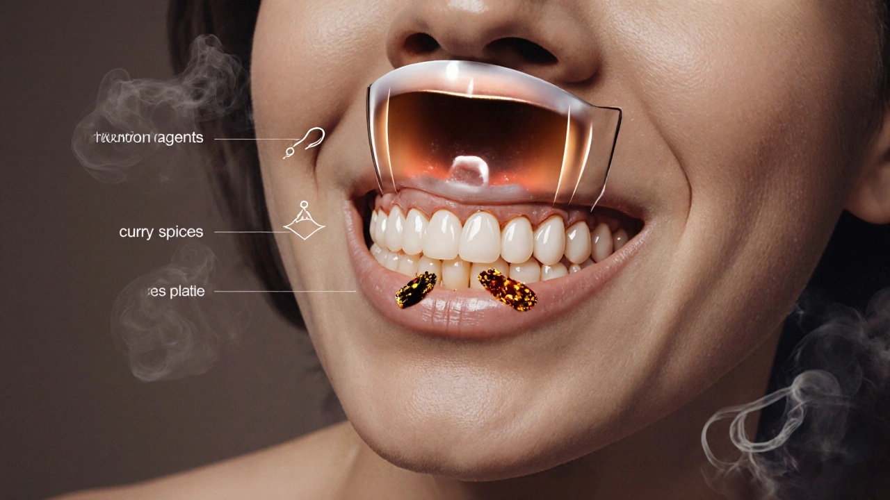 Vnitřní struktura zubů s barvivy z vína, kari a kouře a zubním kamenem.