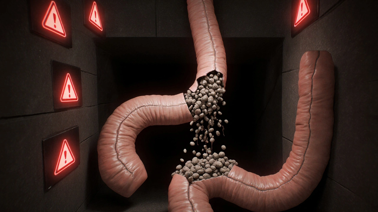 Zakázané střevo s tvrdými kuličkami a prasklinou, z níž vyk parallels bakterie.