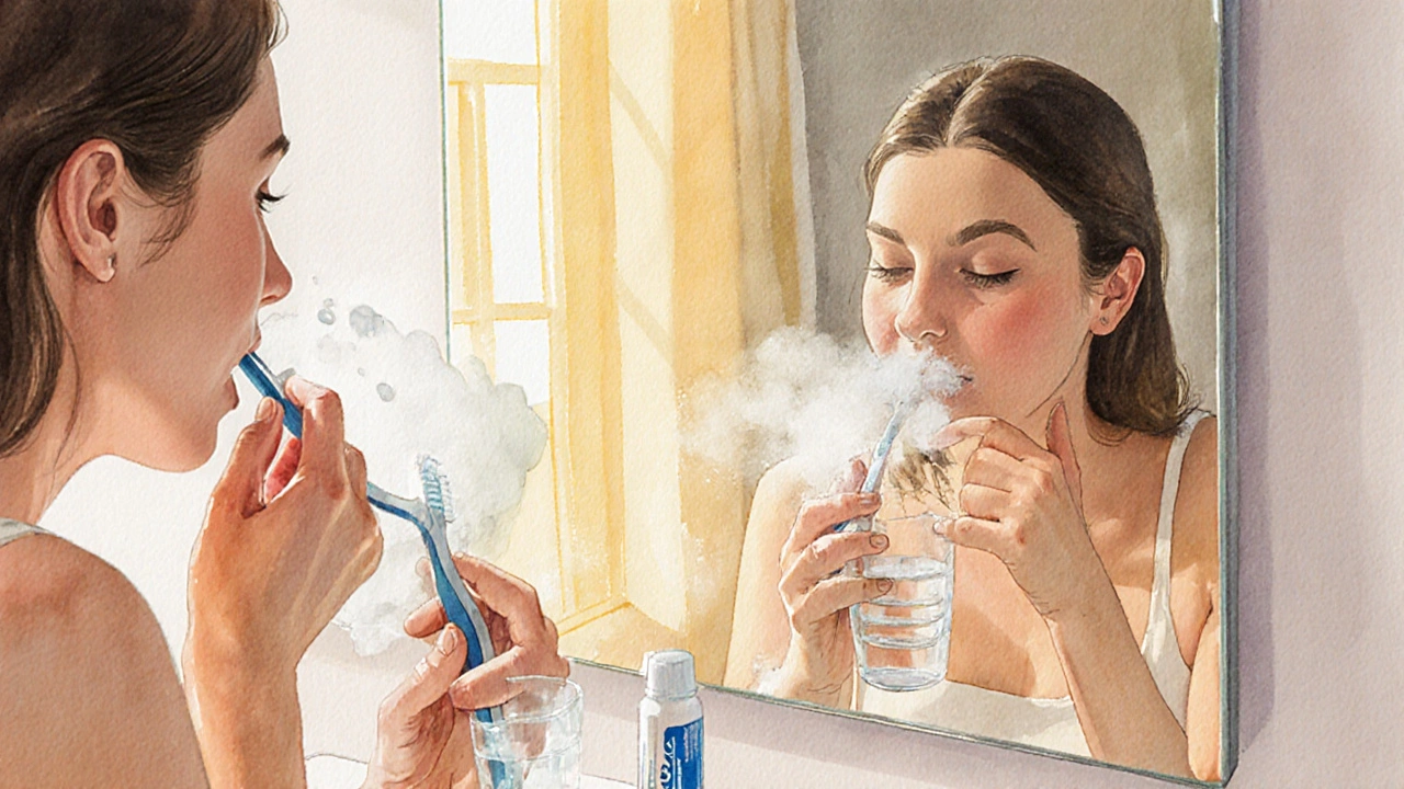 Žena pláchnoucí ústa solnou vodou v koupelně s odrážejícím zrcadlem a zubní kartáčkem.