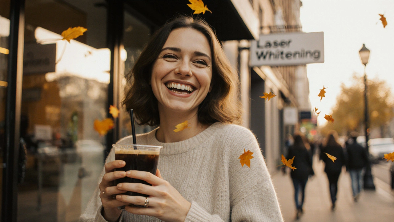 Žena se širokým úsměvem a bílými zuby pije kávu ze slámky venku před klinikou.