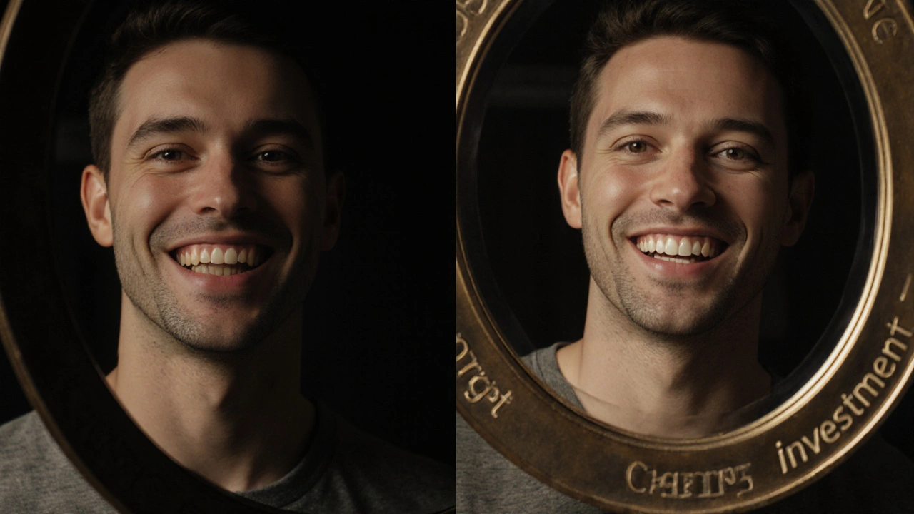 Zrcadlový odraz: před a po instalaci keramických fazet na zuby.