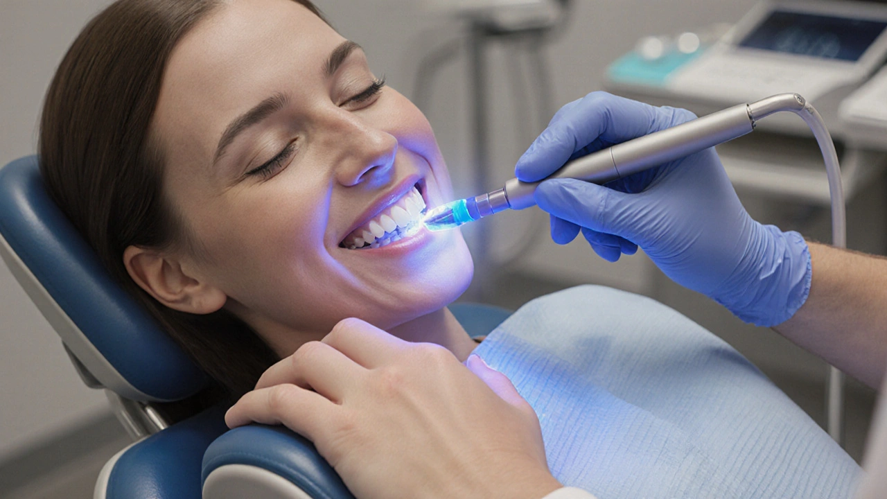 Zubař opravuje ulomený zub kompozitním materiálem pomocí světelného zařízení.