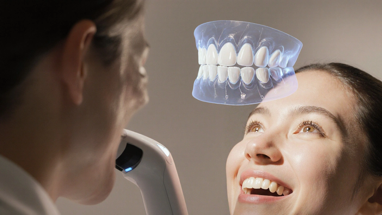 Zubař používá digitální skener pro návrh individuálních keramických fazet, holografický model zubů v pozadí.