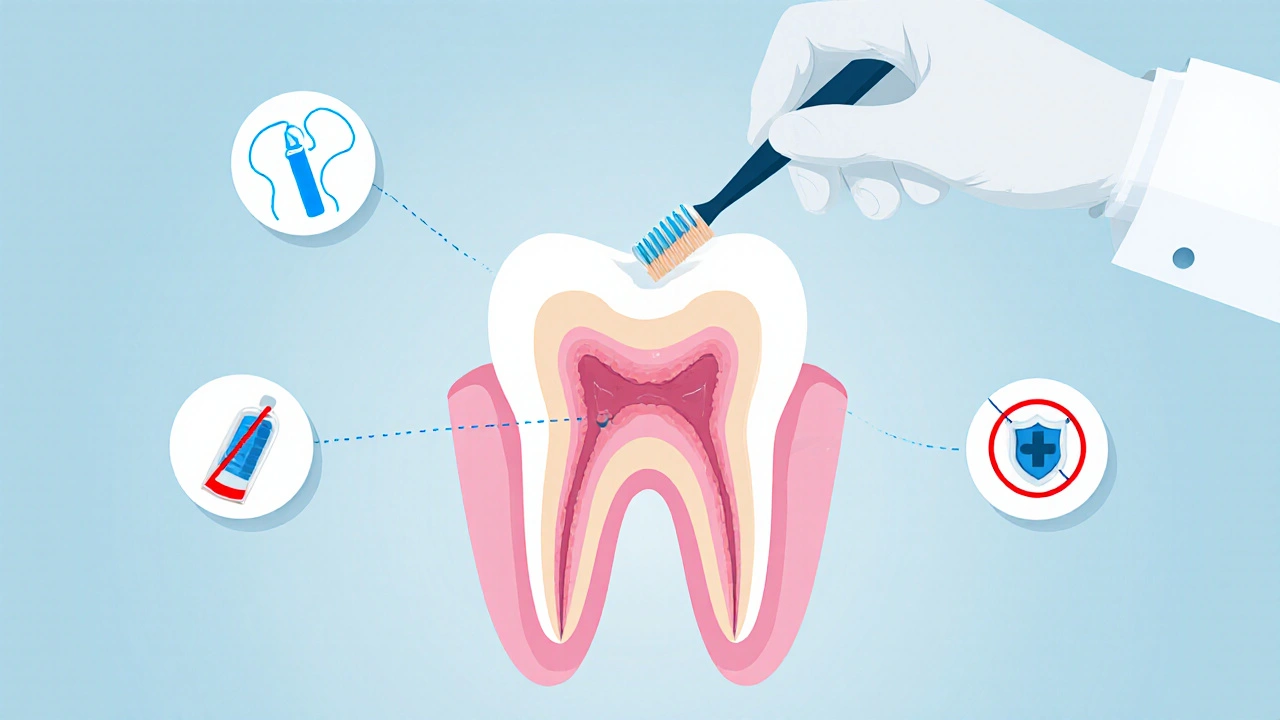 Zubař provádí kořenové ošetření, s transparentním zobrazením odstranění zánětlivé pulpy.