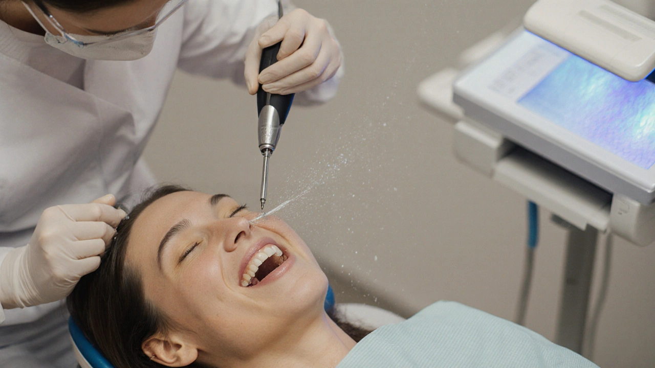 Zubní hygienistka odstraňuje kámen ultrazvukovým přístrojem