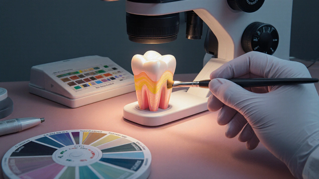 Zubní lékař používá mikroskop k přesnému vložení kompozitní výplně na přední zub.