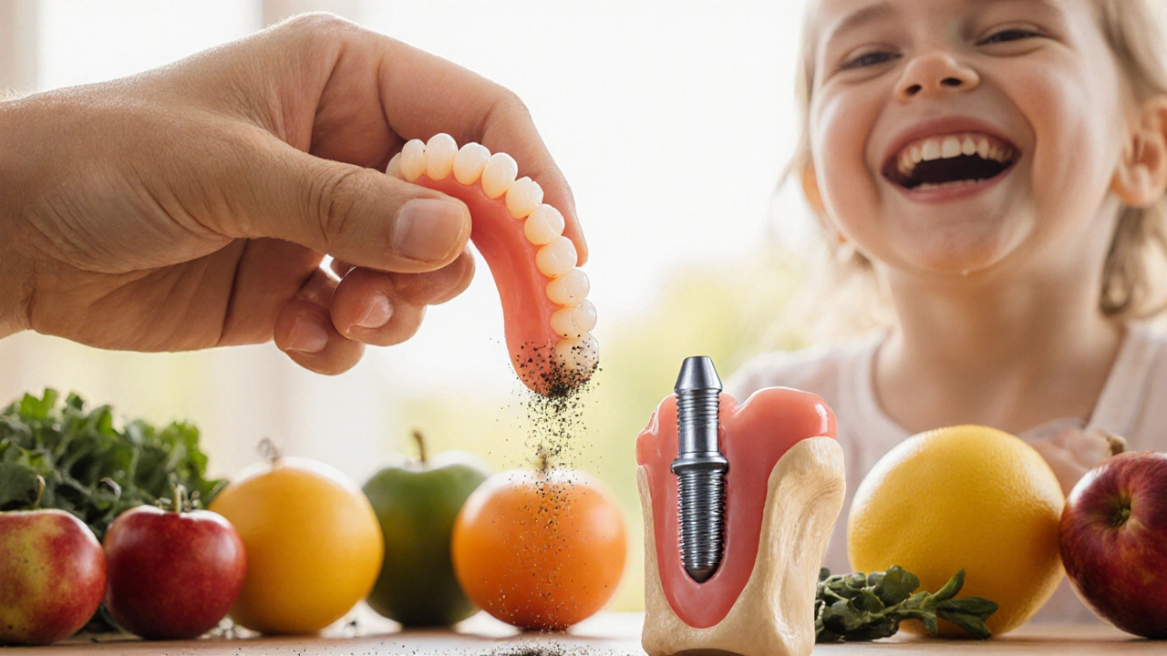 Zubní protéza se mění v prach, zatímco implantát drží pevně a podporuje zdravou stravu.