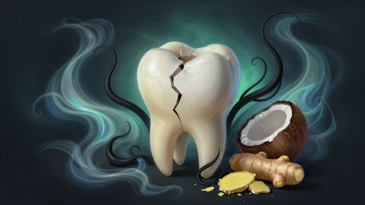 Abstraktní vyobrazení přírodních prostředků – černý čaj, křen a kokosový olej – uklidňujících bolest zubu.