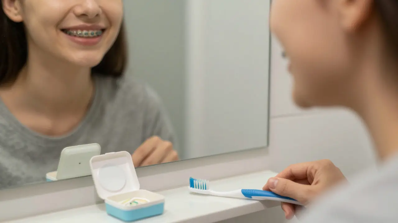 Člověk se směje do zrcadla s průhlednými gumičkami na rovnátkách a krabičkou náhradních gumiček na stole.