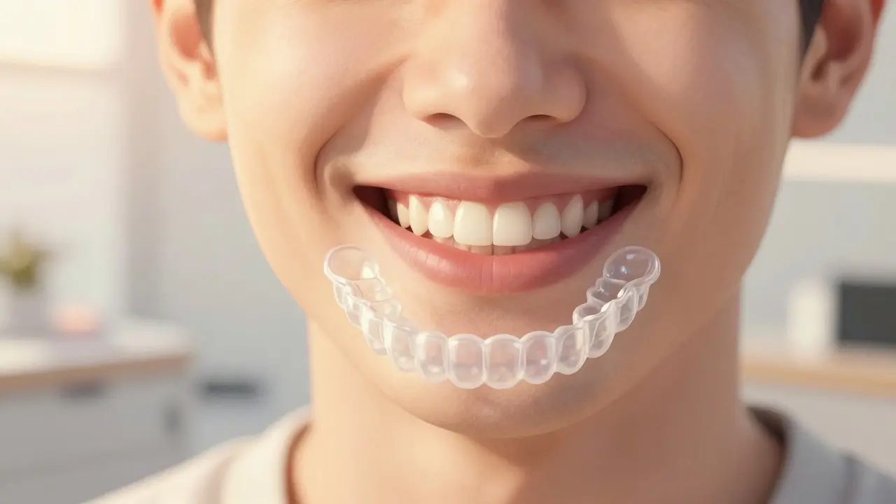 Člověk se usmívá s dokonale zarovnanými zuby, bez viditelných mezer.