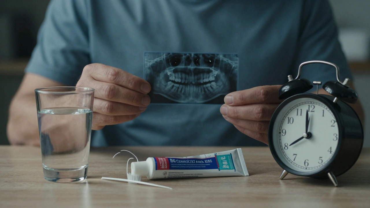 Dentální rentgen s ukrytým kazu pod plombou a předměty pro prevenci.