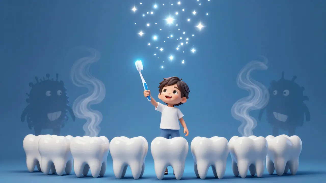 Dítě jako hrdina s kartáčkem jako kouzelnou hůlkou, fluoridové částice padají jako hvězdy, plak se mění v páru.