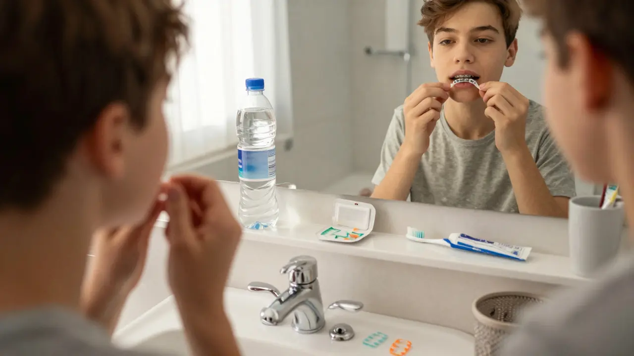 Dívka si přidává nové gumičky na rovnátka před zrcadlem v koupelně s dalšími potřebami na stole.