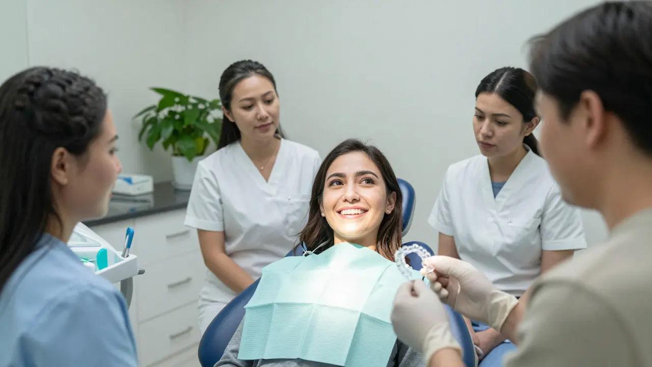 Dospělí v ortodontické klinice, jedna osoba usmívá se po léčbě.