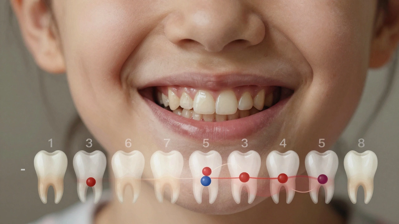 Dospělý se smíchem s tmavými skvrnami na zubech a přehledem vývoje zubů v dětství.