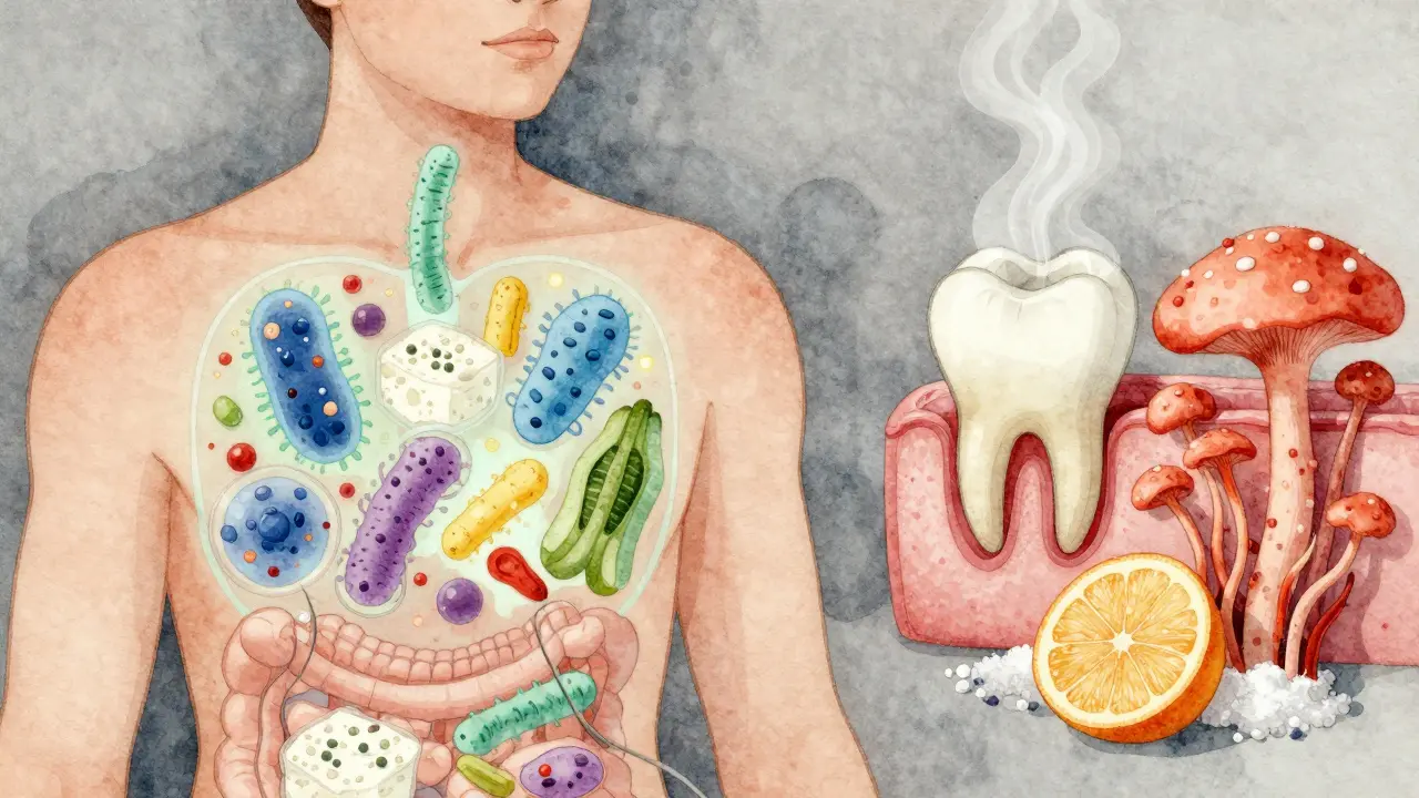 Ilustrace lidského těla s mikroflórou, kde užitečné bakterie rostou na probiotikách, zatímco kvasinky ustupují od cukru a citrusu.