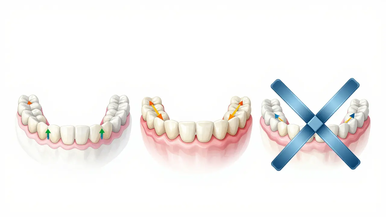 Ilustrace tří typů ortodontických gumiček působících na čelisti a zuby pro korekci příkryvu.