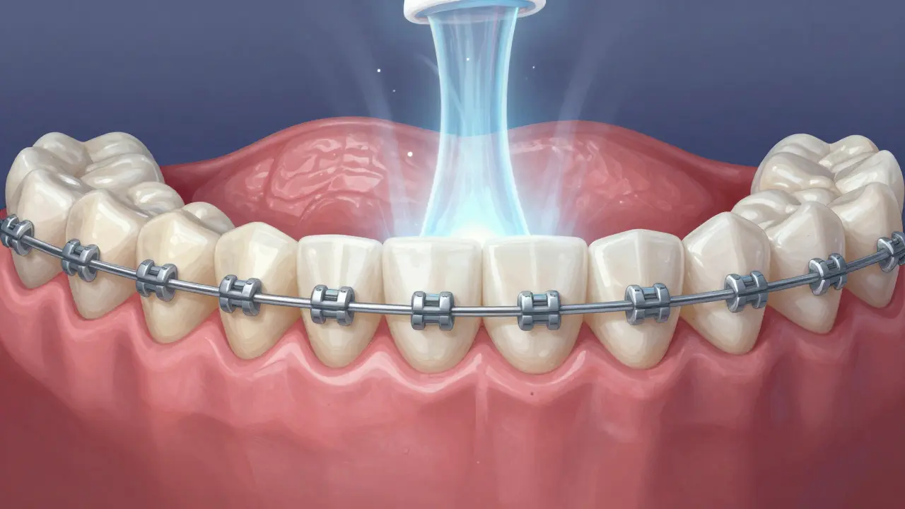 Konceptuální obraz léčby citlivosti zubů: od zánětu přes rovnátka k obnově zubní skloviny.