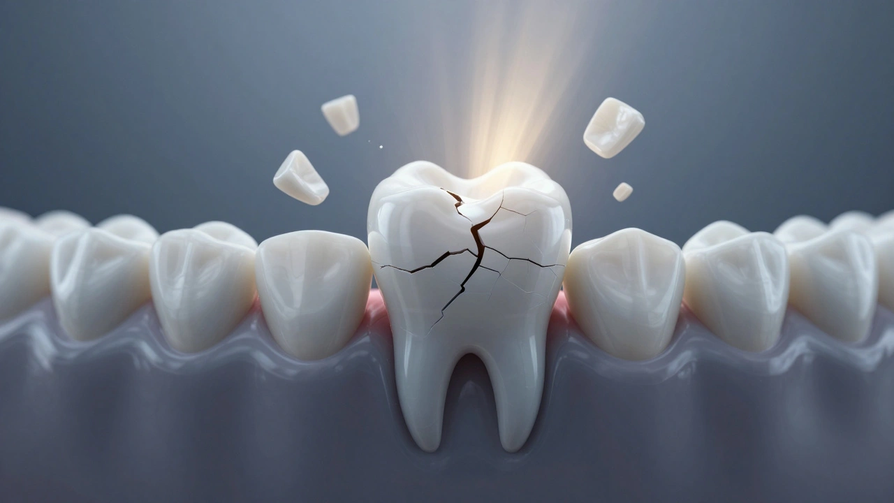 Korunka se pomalu láme pod tlakem, dásně se stahují, symbolická reprezentace opotřebení.