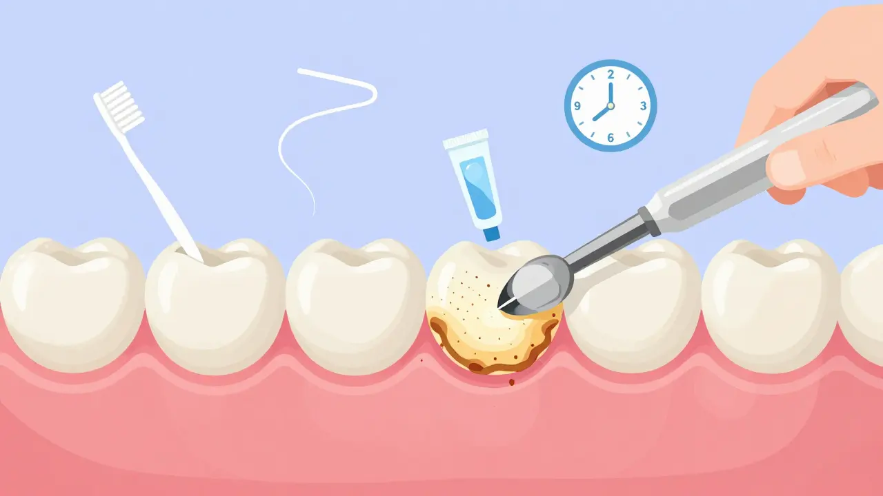 Křížový řez dětského ústního ústrojí s plakem a ultrazvukovým odstraňovačem kamene, bez textu.