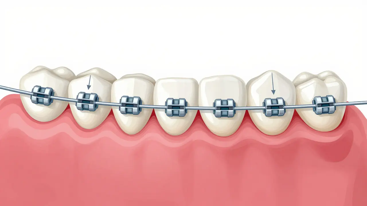 Křížový řez zubů s vysunutým drátem a označenými rizikovými oblastmi dásní.