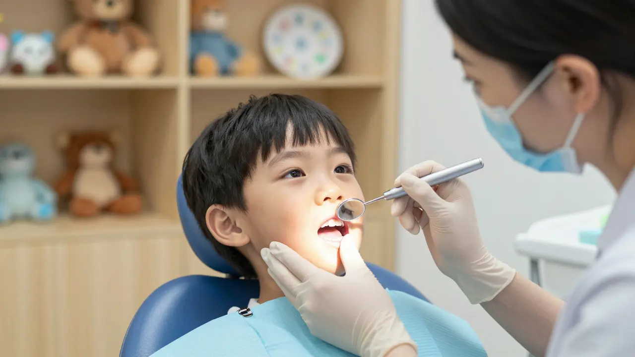 Maminka a zubař prohlížejí tmavou skvrnu na zubě dítěte v klinice.