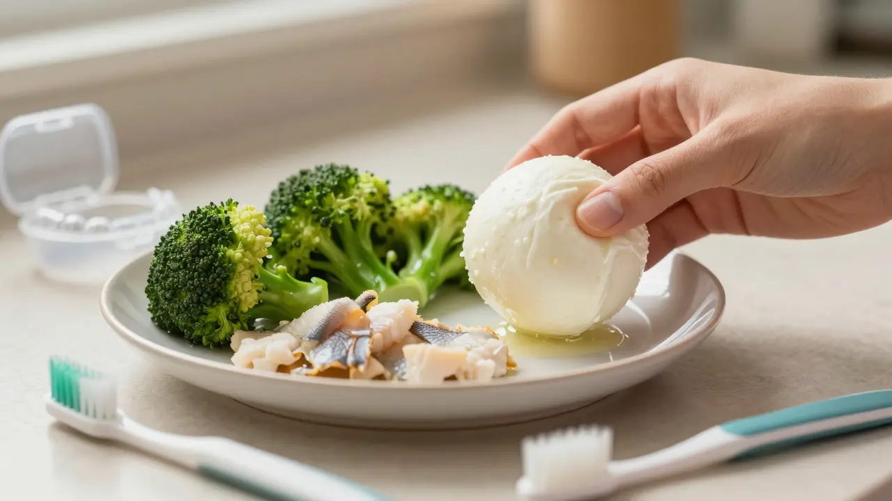 Měkký sýr a vařená zelenina s retainerovou krabičkou na pozadí