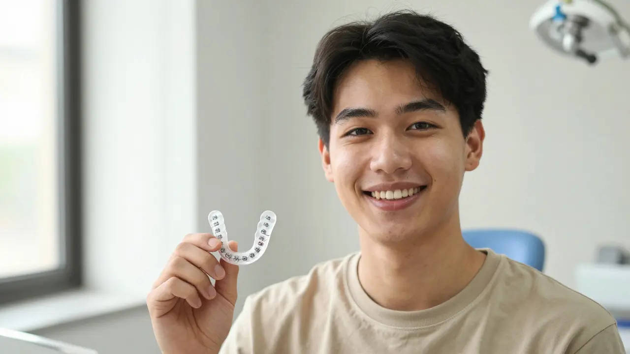 Mladý dospělý drží retentor po odstranění rovnátek, směje se s důvěrou.