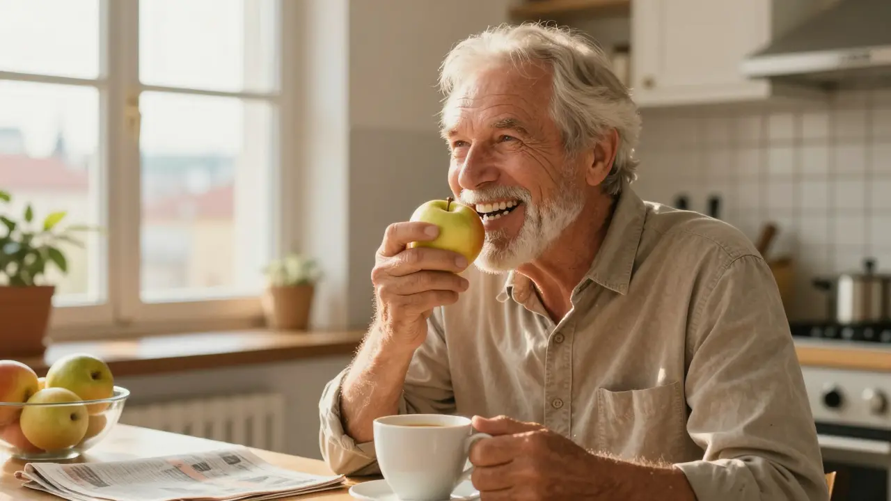 Muž se širokým úsměvem jí jablko s přirozeně vypadajícími zubními implantáty.