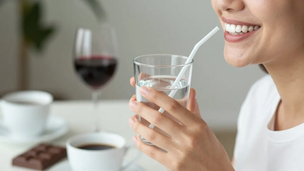 Osoba pije vodu přes slámečku, kolem ní barvivé potraviny.