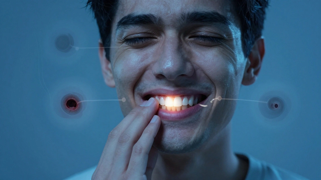 Osoba se dotýká předních zubů, kolem jejího obličeje se jeví stíny zubního abscesu a škrábání.