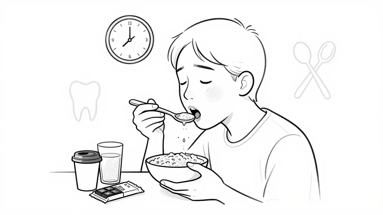 Pacient po kořenovém kanálku mírně pláchně solnou vodou a jí jemnou kaši, vedle něj jsou odstraněné káva a čokoláda, symbolizující potraviny k vynechání.