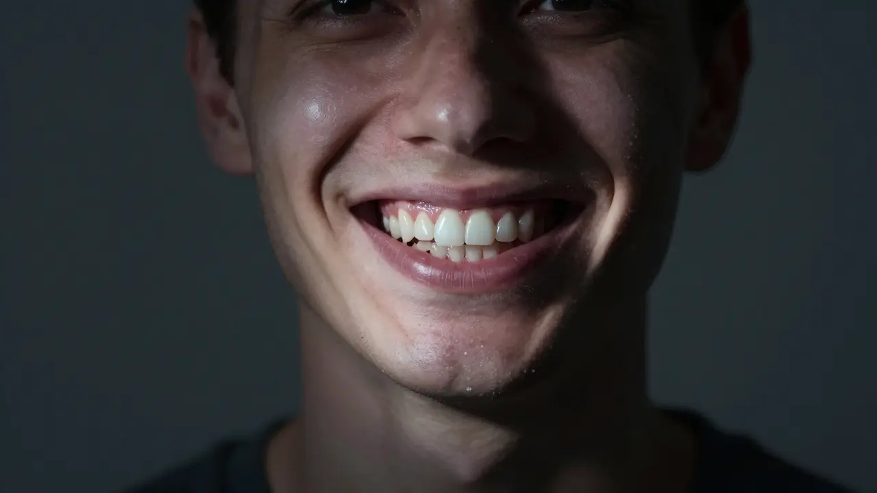 Polopřehledná tvář: jedna strana má zdravé zuby, druhá strana ukazuje poškozené a zánětlivé zuby.