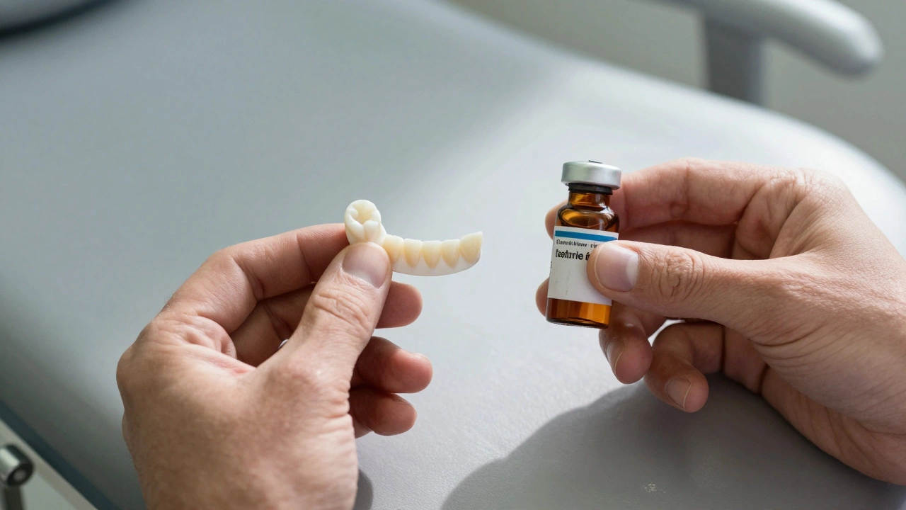 Porcelánová vložka a stará láhev tetracyklinu na zubním křesle.