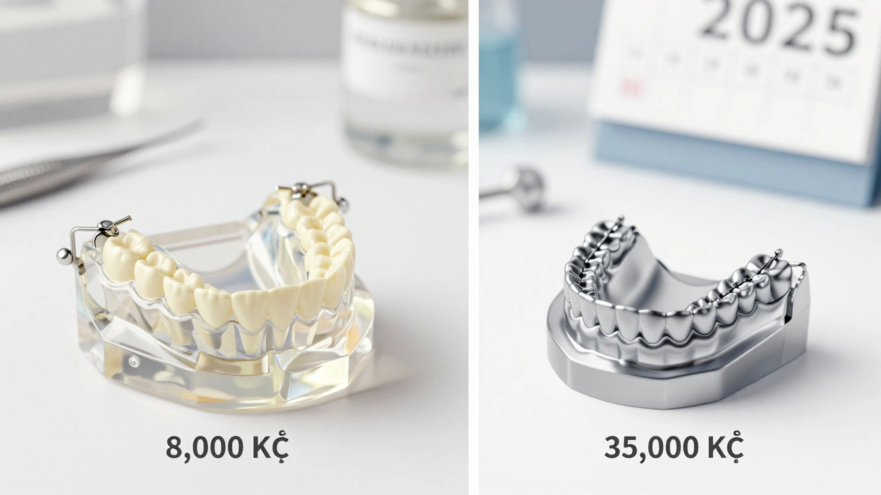 Porovnání akrylové a kovové částečné protézy s cenami 8 000 a 35 000 Kč.