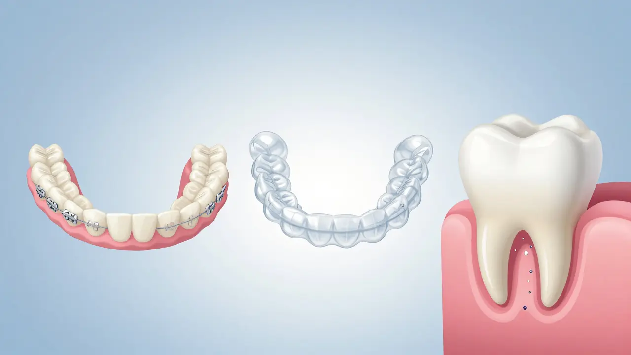 Porovnání typů rovnátek: keramická, průhledné fólie a řez zubem s aktivními látkami proti citlivosti.