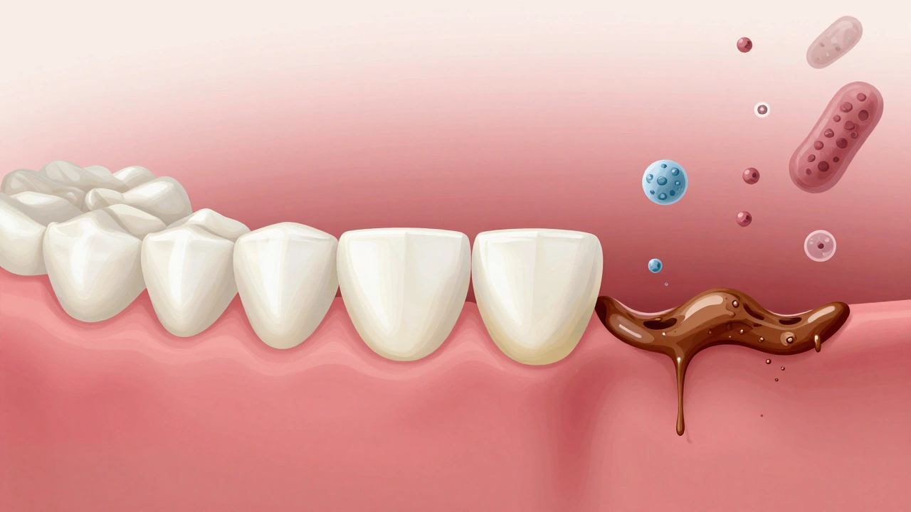 Postupné tvorba zubního kamene od plaku až po tvrdou vrstvu pod dásněmi.