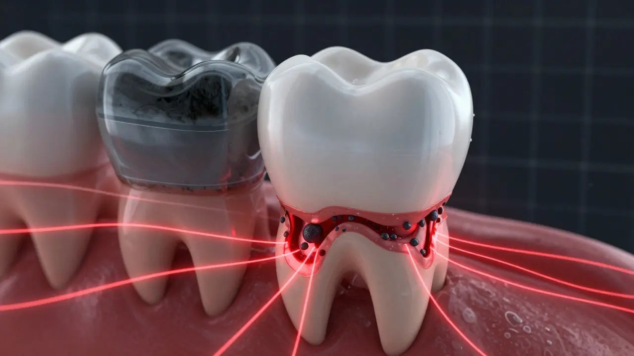 Přehled vnitřní struktury zubu: povrchový pigment a hlubší kaz s bakteriemi.