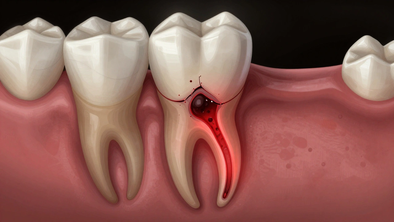 Přehled zubu s prasklinou v kořeni a infekcí pod korunkou, viditelná zánětlivá oblast.