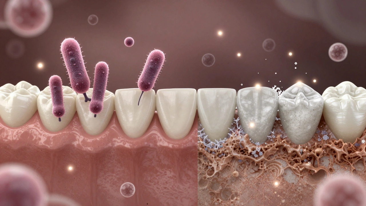 Přeměna měkkého plaku na tvrdý zubní kámen v čase.