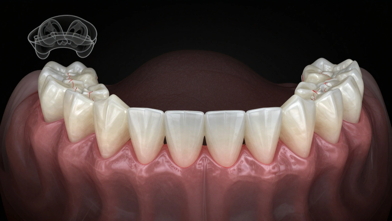 Příčný řez čelistí ukazující postupnou ztrátu kosti pod zubní protézou a mostem.