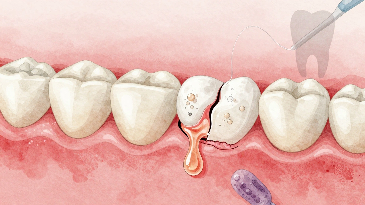 Příčný řez zubem s bakteriemi ničícími zubní tkáň pod plombou.